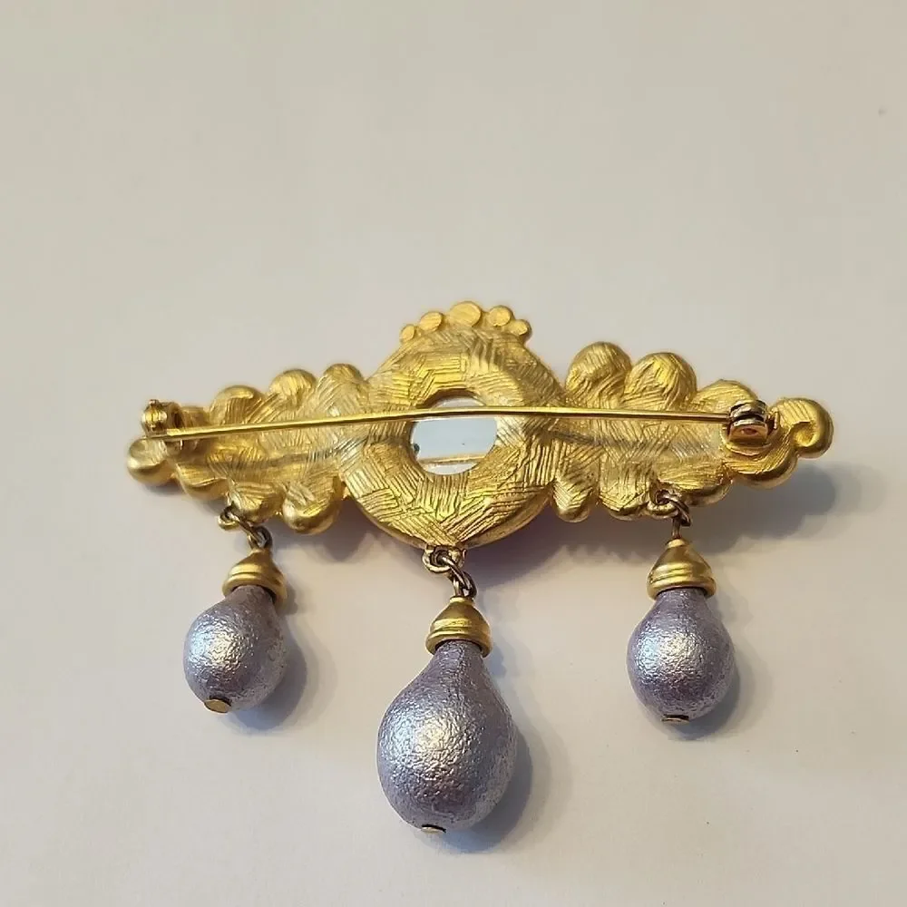 Matte Gold Tone Purple Lucite Faux Pearl Dangle Bar Brooch Designer Quality